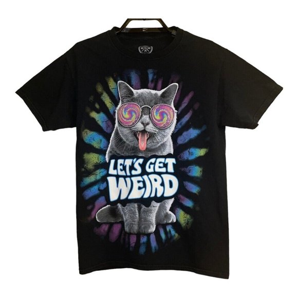DOM Lets Get Weird Cat T-Shirt Small Black Graphic Psychadelic Multicolor Casual - Picture 2 of 8